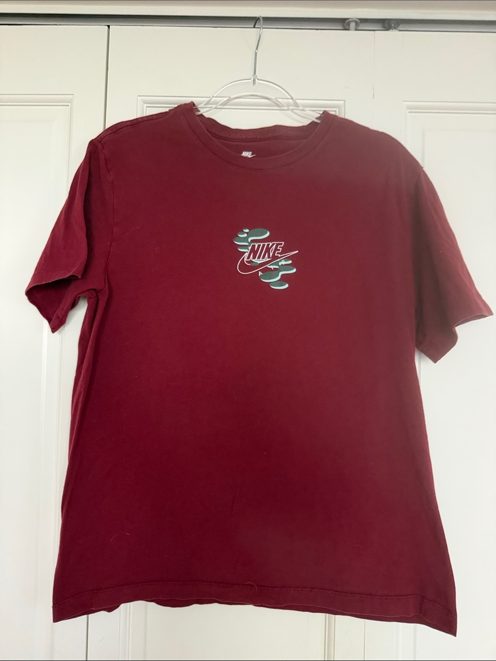 Nike Men's Burgundy Short Sleeve Tee with Teal Logo